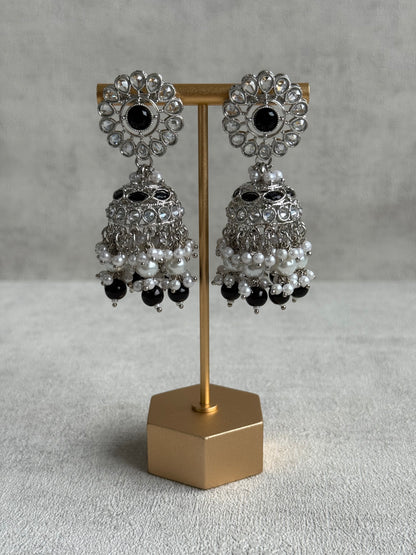 Ayura Designs Barira Set – Necklace, Jhumkis & Tikka with Black Stones, Pearls & Antique Silver Finish