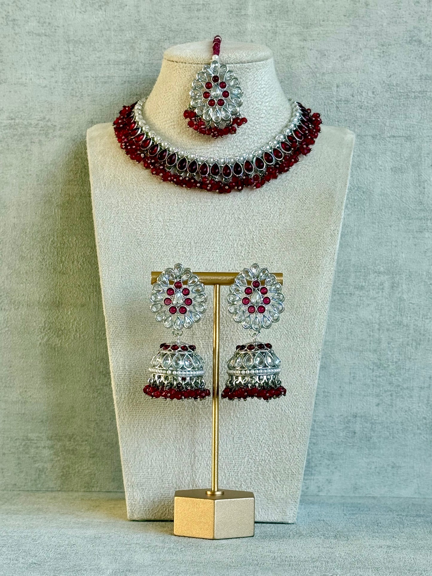 Ayura Designs Saima Set – Necklace, Jhumkis & Tikka in Deep Rose Pink with Silver Finish