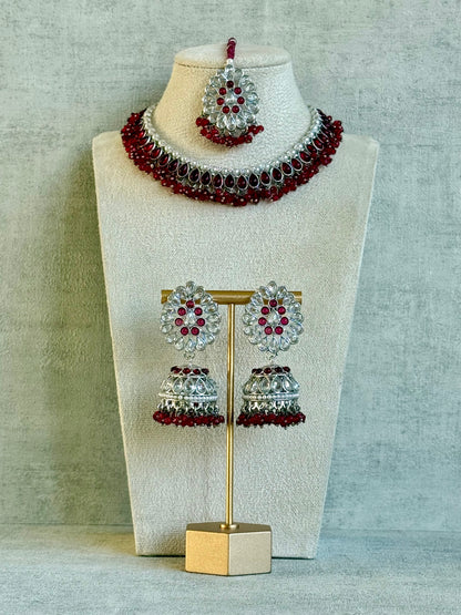 Ayura Designs Saima Set – Necklace, Jhumkis & Tikka in Deep Rose Pink with Silver Finish
