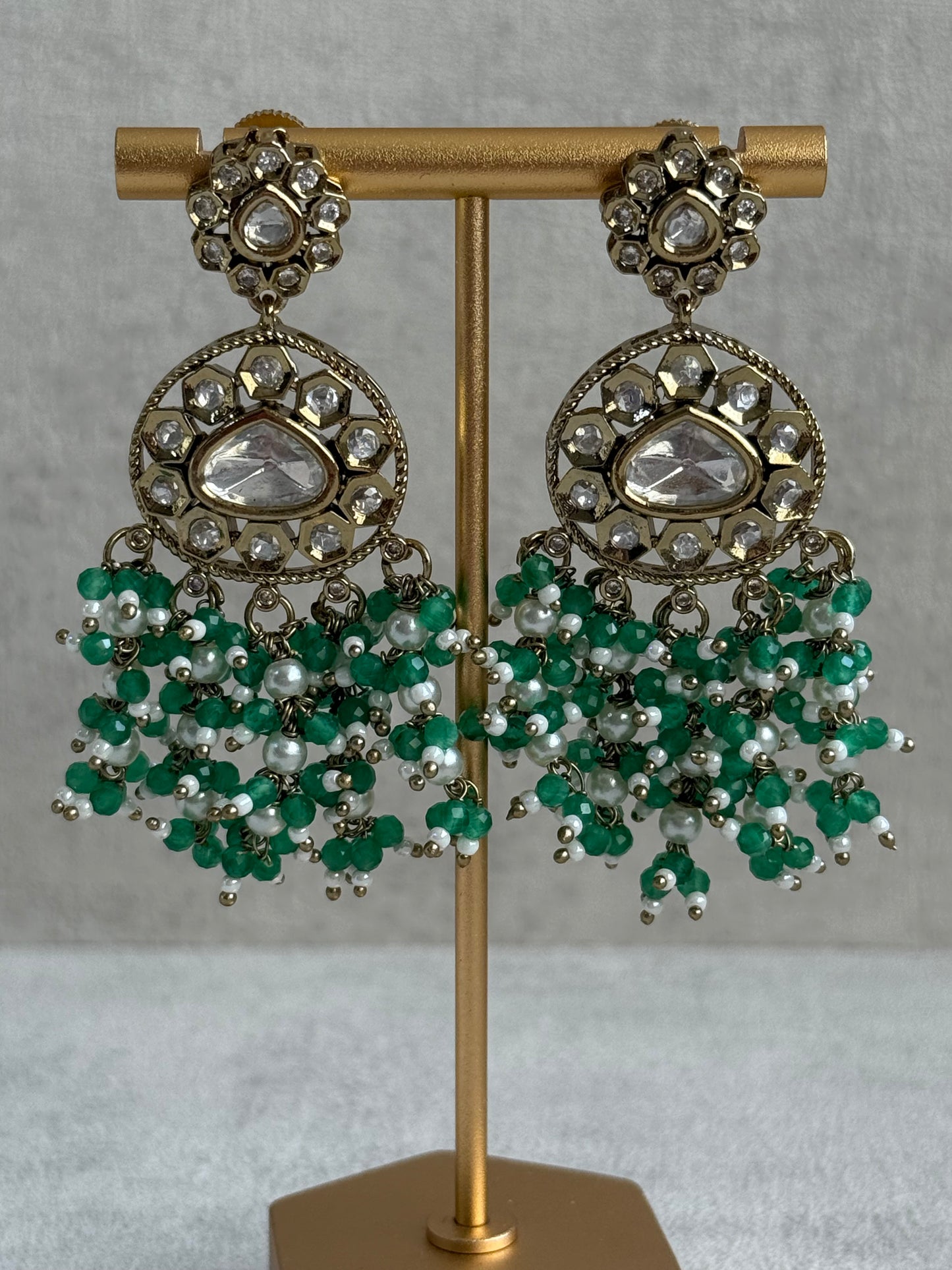 Ayura Designs Sienna Set – Long Layered Necklace & Earrings with Sea Green Beads, Mirror-Cut Kundan & Pearl Detailing
