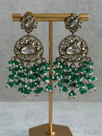 Ayura Designs Sienna Set – Long Layered Necklace & Earrings with Sea Green Beads, Mirror-Cut Kundan & Pearl Detailing