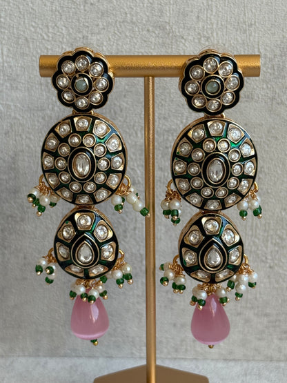 Ayura Designs Sumaira Set with Passa – Necklace, Earrings, Tikka & Passa with Kundan, Green Meenakari Detailing & Aqua-Pink Drops