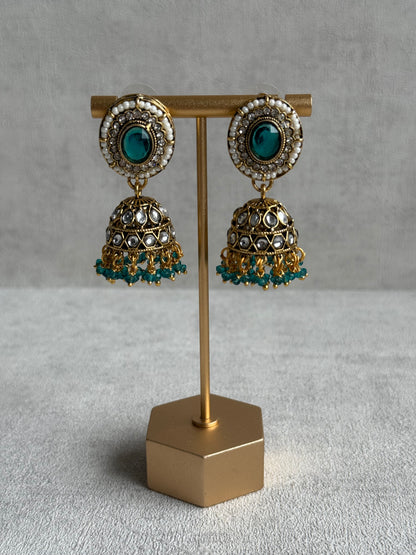Ayura Designs Muskaan Set – Choker, Jhumkis & Tikka with Peacock Blue Beads, Kundan Stones & Antique Gold Finish