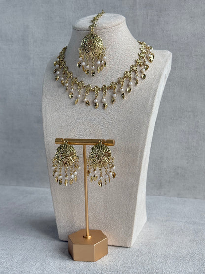 Ayura Designs Rupal Necklace Set with Earrings & Tikka – Gold Finish with Pearls & Pippal Patti Detailing