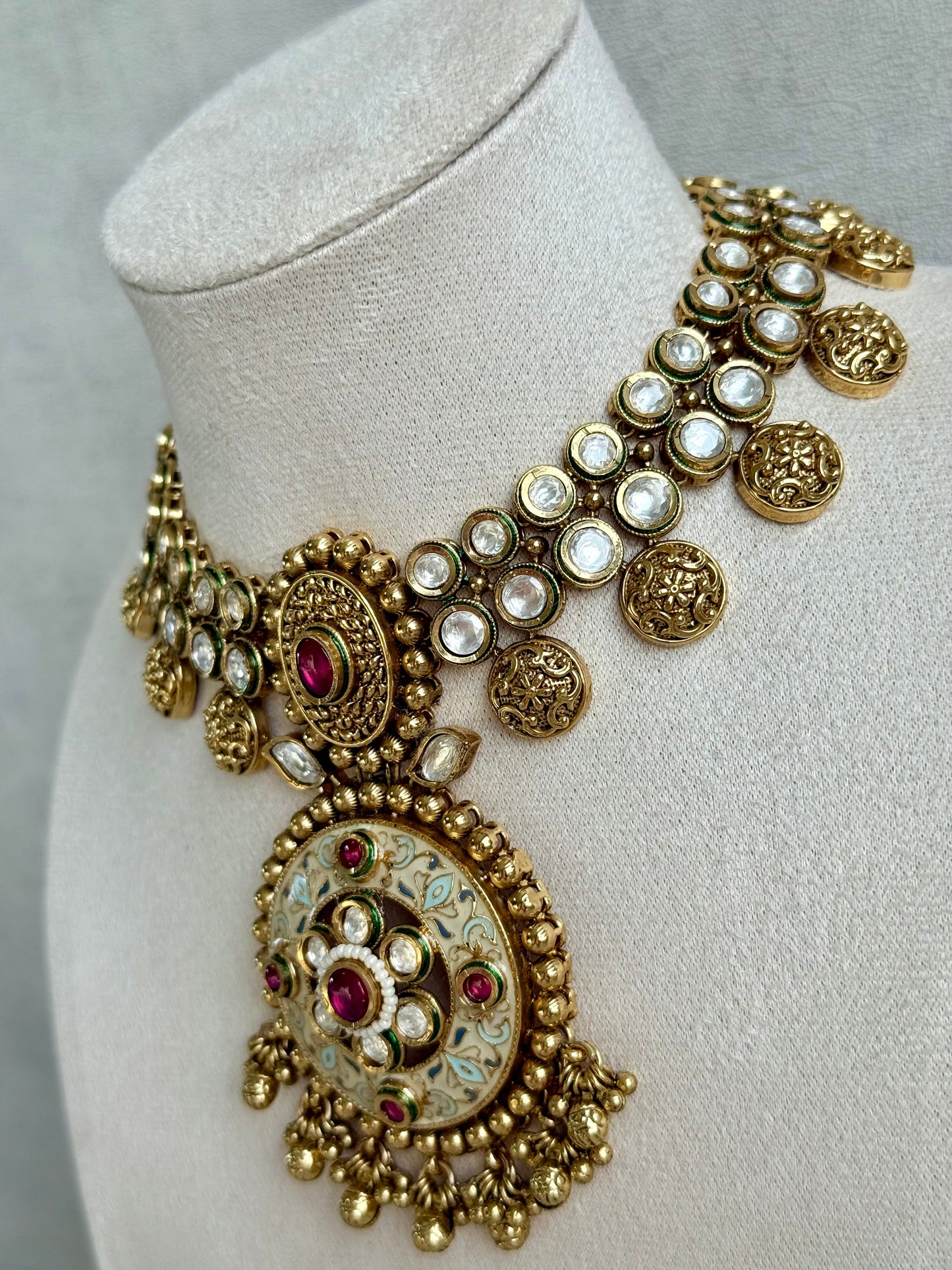 Ayura Designs Zayna Set with Necklace & Earrings – Ivory Meenakari with Rani Pink Stones