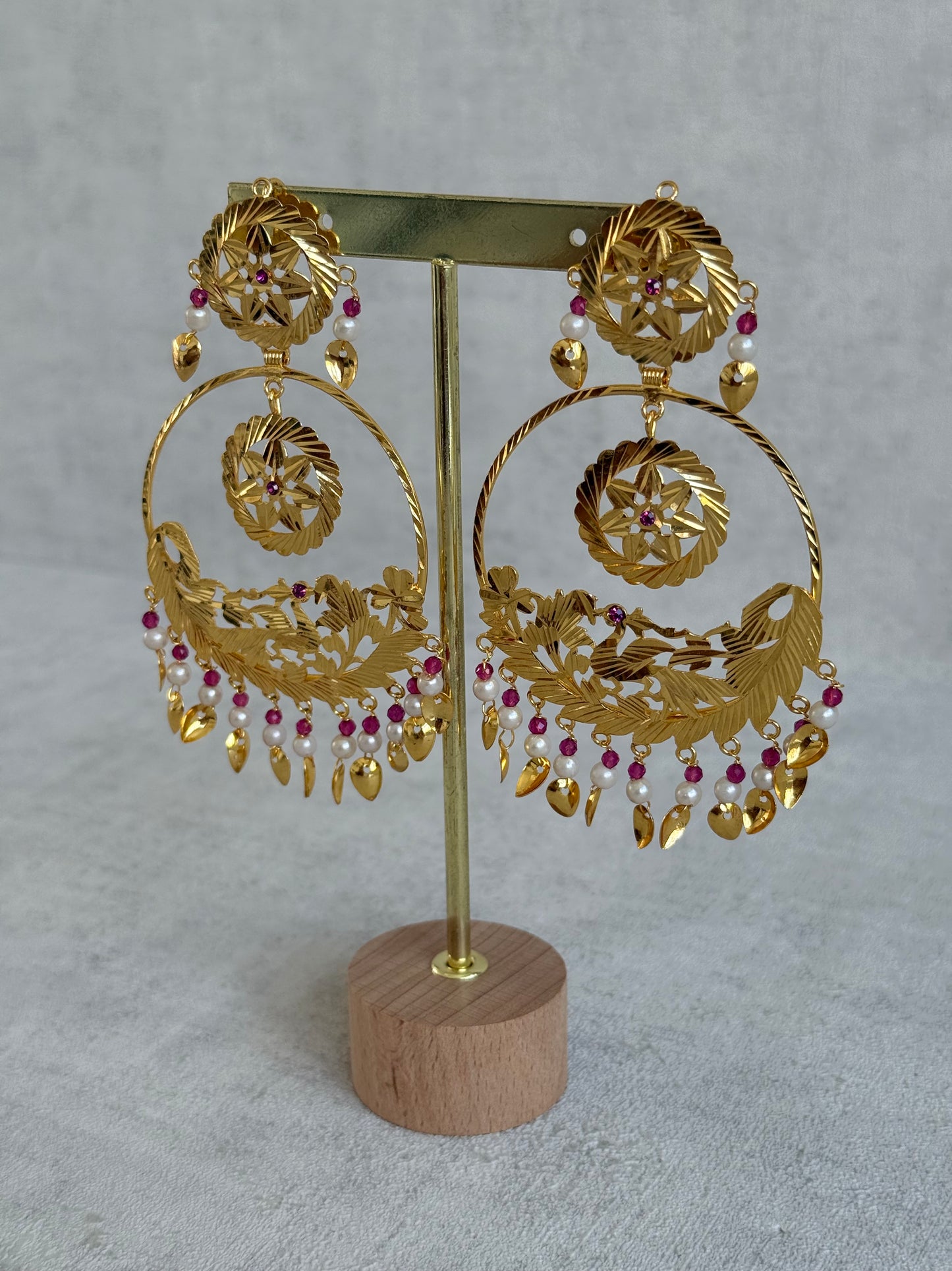 Ayura Designs Puran Earrings – Gold Peacock Pipal Patti Chandbalis with Pink & Ivory Detailing