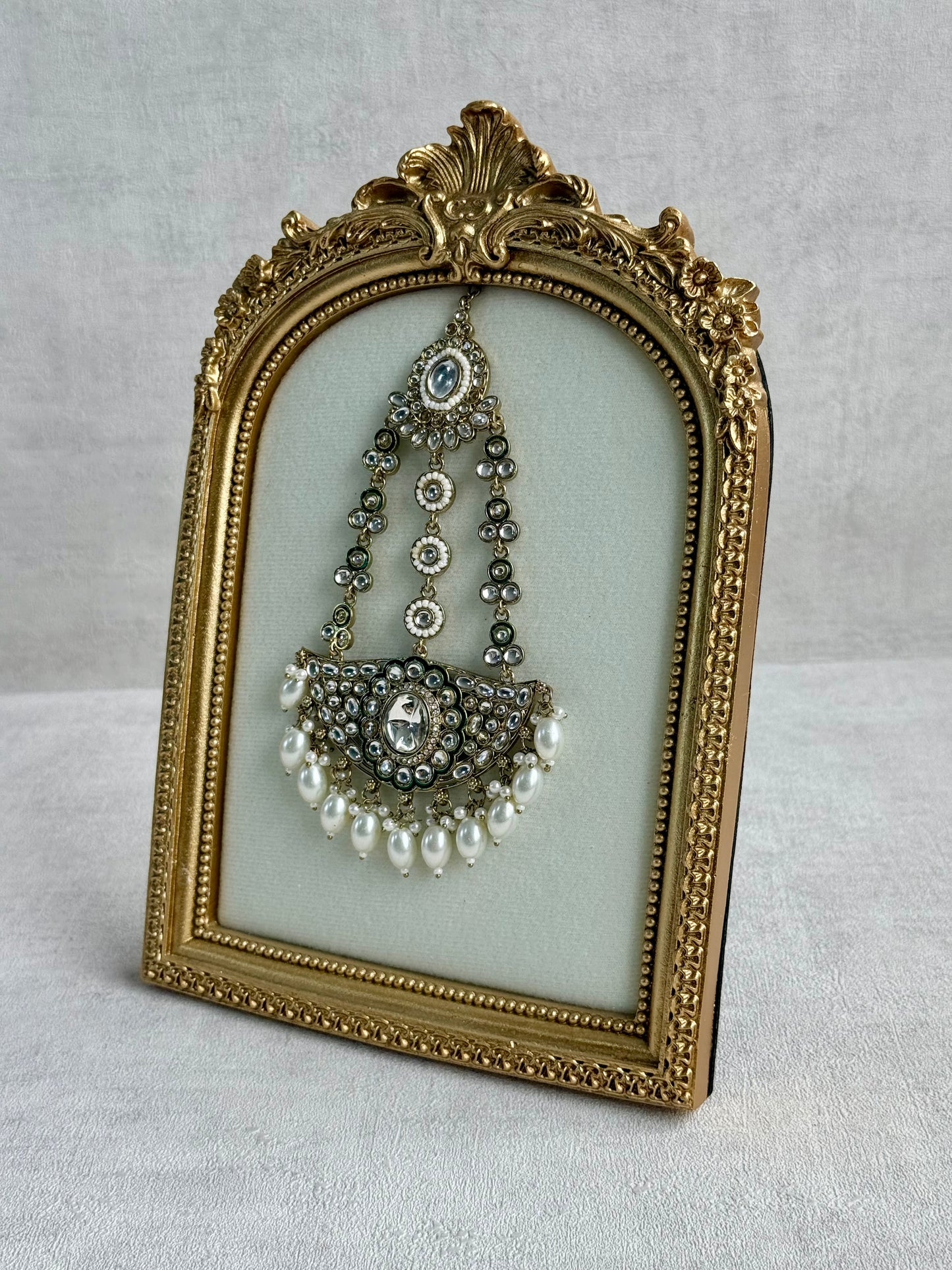 Ayura Designs Uma Jhoomar Passa – Kundan Jhoomar with Ivory Pearl Drops & Green Enamel Detailing