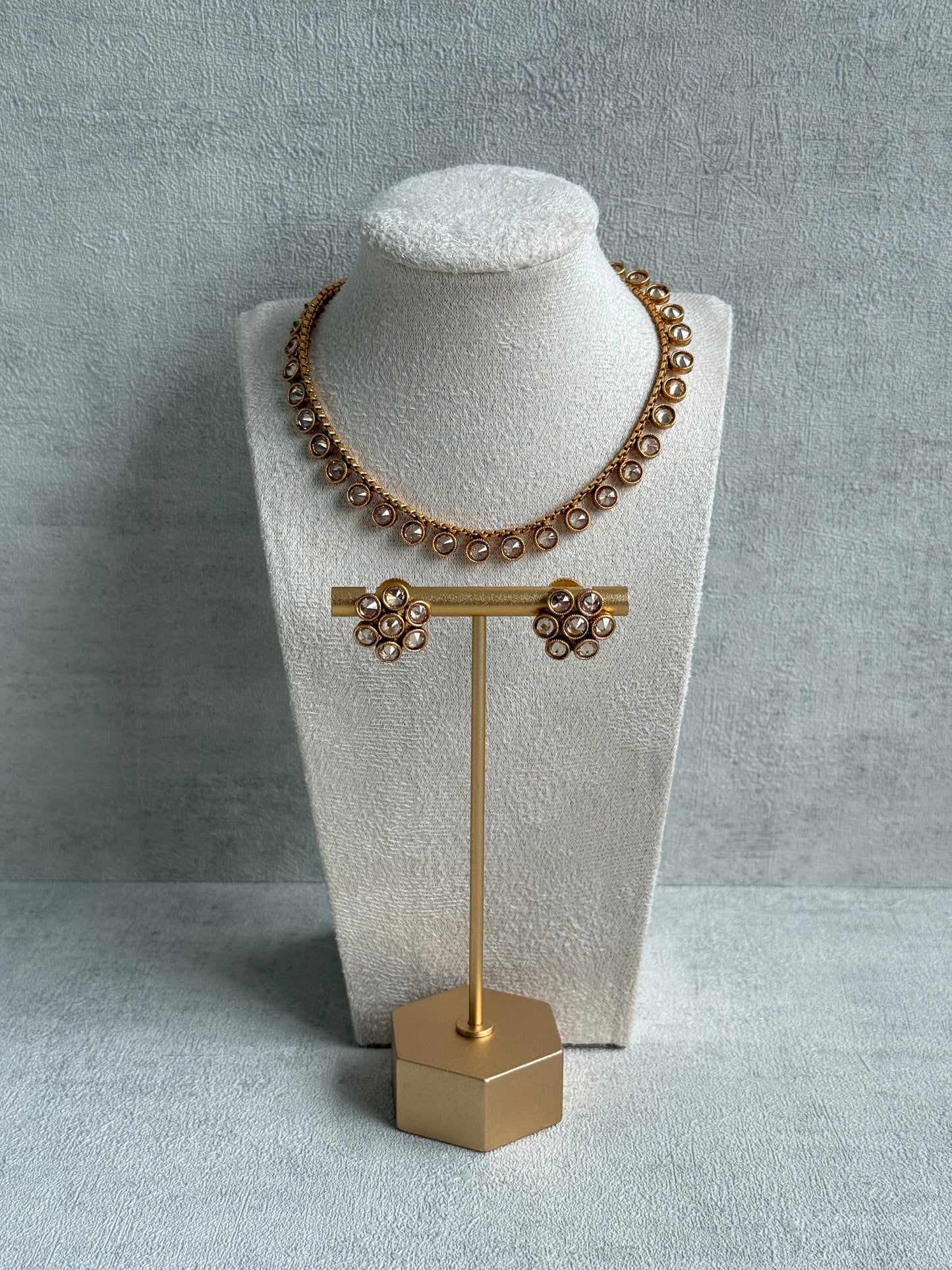 Ayura Designs Veni Set – Gold Necklace & Stud Earrings with Ruby & Champagne Mirror-Cut Polki Stones