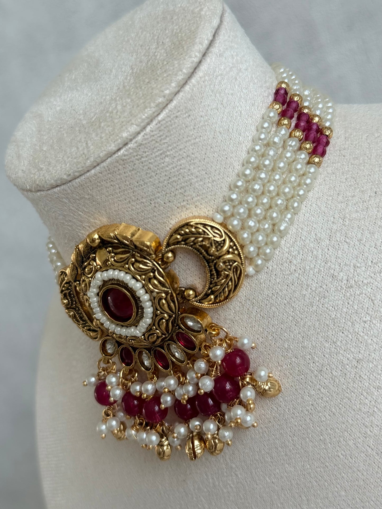 Ayura Designs Mehr Choker Set with Earrings & Tikka – Ruby Pink Stones, Ruby Pink Beads, Pearl Strands & Antique Gold Finish