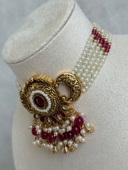 Ayura Designs Mehr Choker Set with Earrings & Tikka – Ruby Pink Stones, Ruby Pink Beads, Pearl Strands & Antique Gold Finish