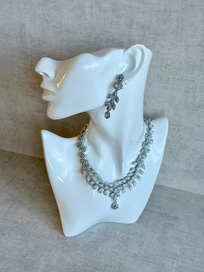 Ayura Designs Vivienne Set with Necklace & Earrings – Silver Finish with Teardrop Crystals and Clustered Leaf Detailing