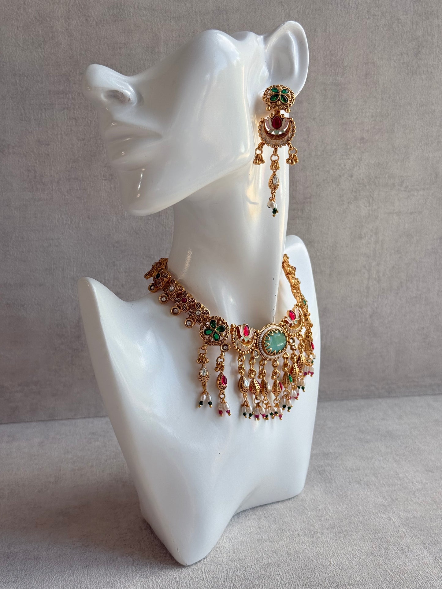 Ayura Designs Aavya Necklace Set – Aqua Green & Rani Pink Kundan Meenakari Design