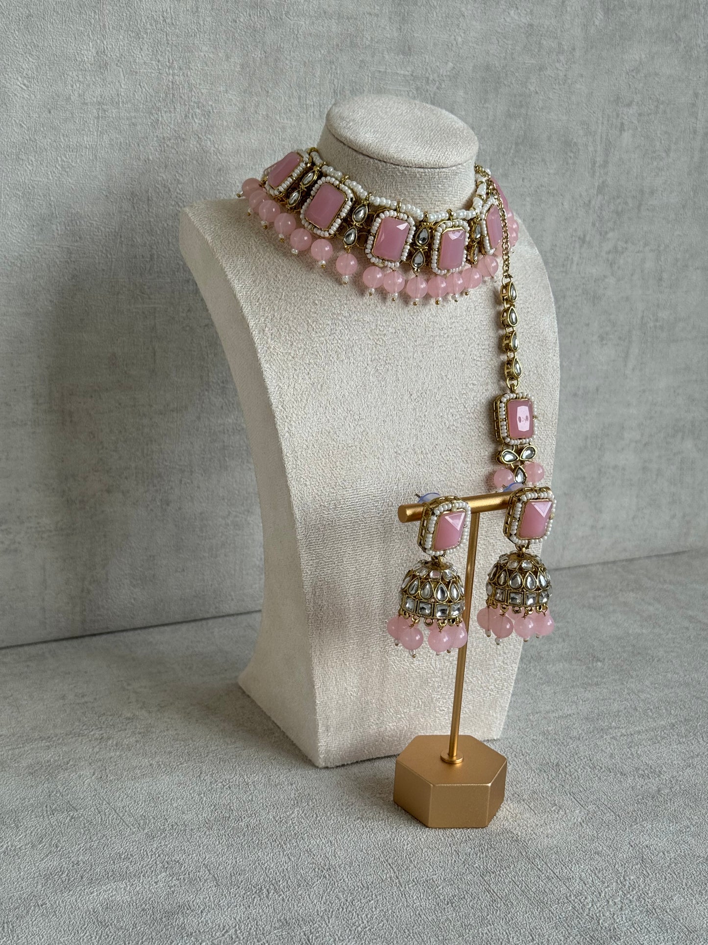 Ayura Designs Samaya Set with Jhumkis & Tikka – Blush Pink Stones, Kundan Detailing & Gold Finish