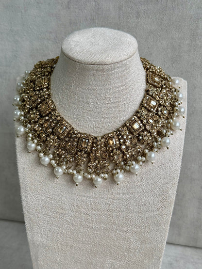 Ayura Designs Layla Set – Luxurious Champagne Gold Ensemble with Pearls | Featuring Chandelier Earrings & Tikka