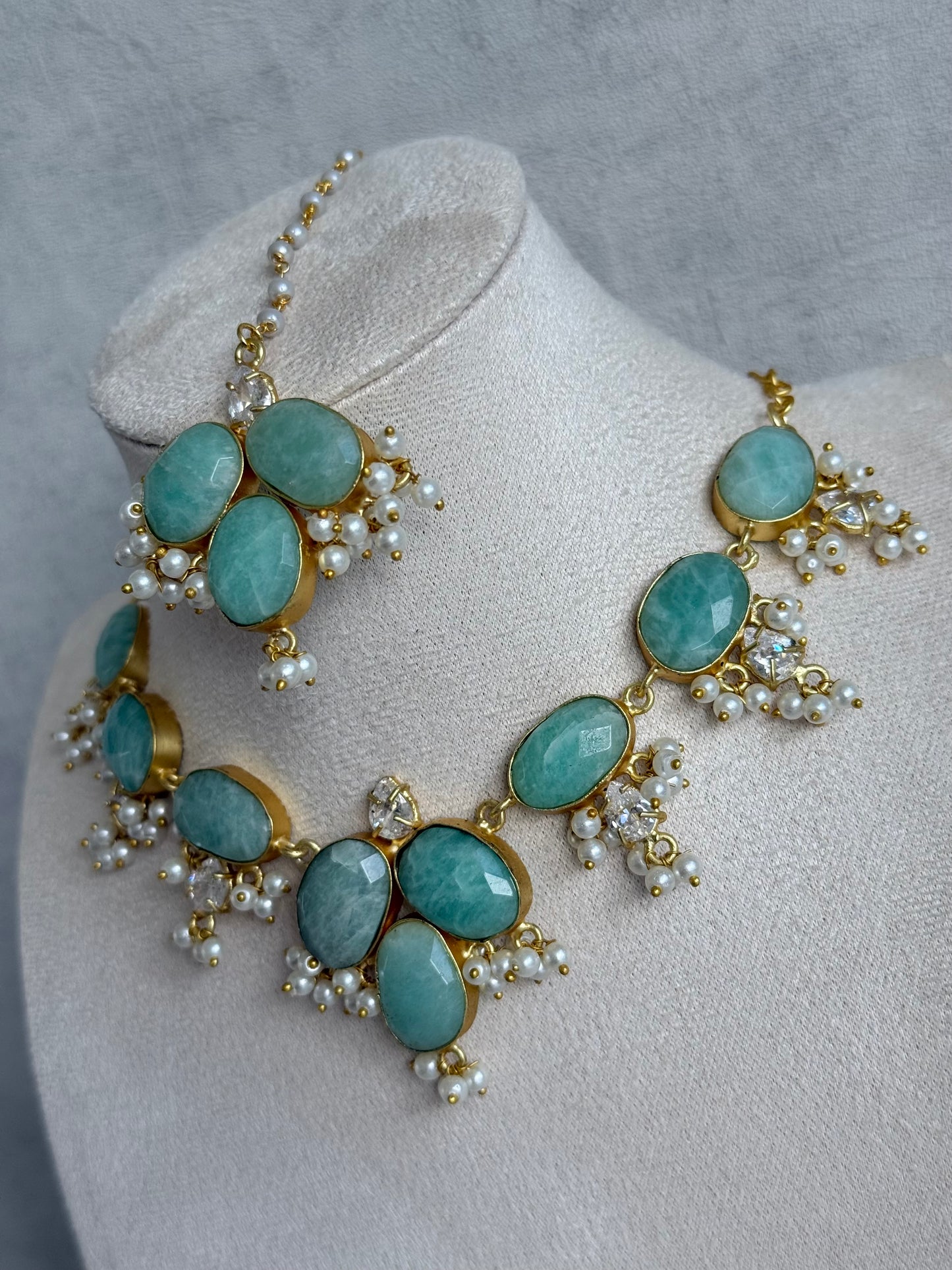 Ayura Designs Anahita Set with Tikka & Earrings – Amazonite, Crystals & Pearls