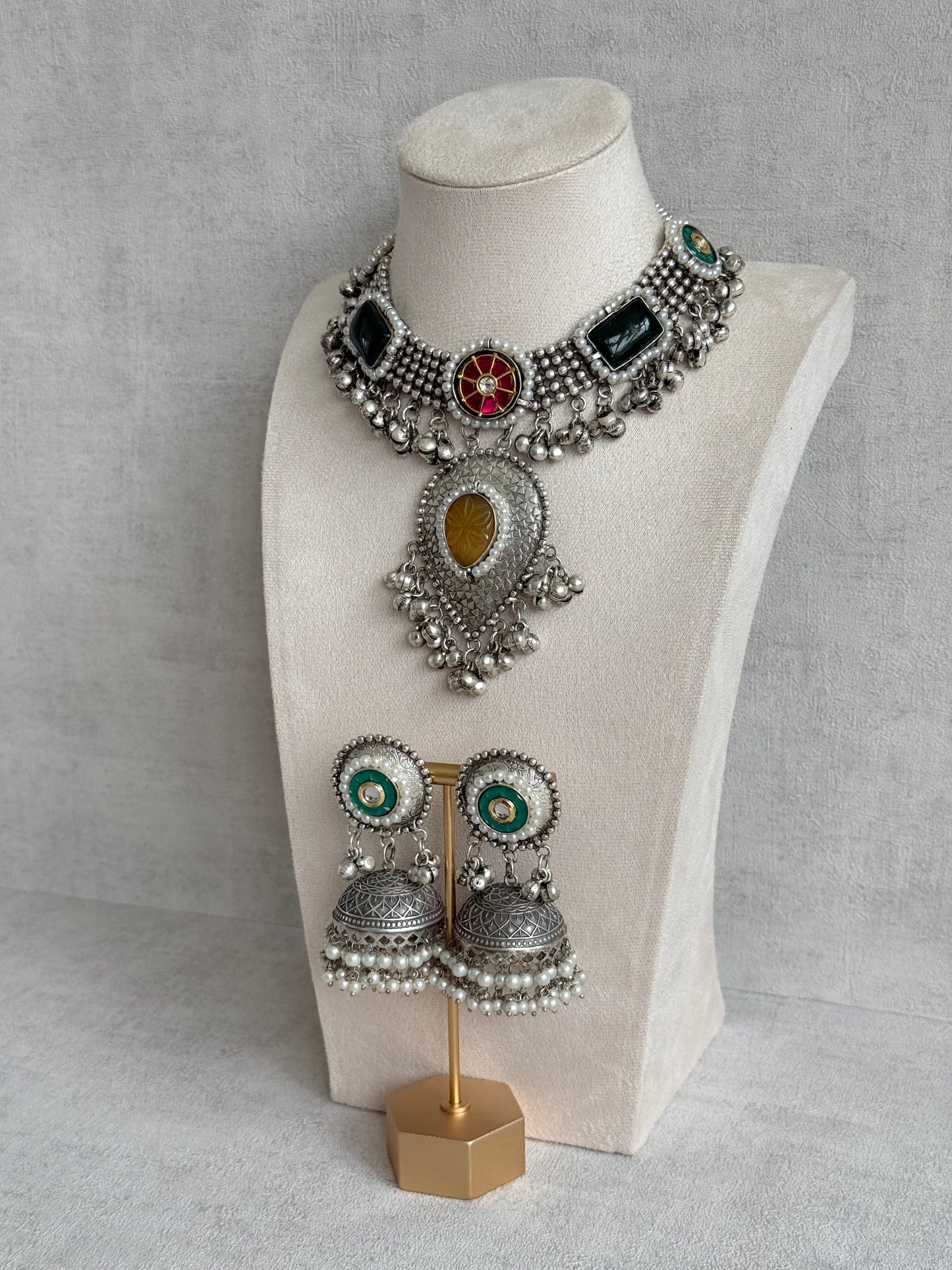 Ayura Designs Izel Necklace Set with Jhumkis – Oxidised Silver Statement Necklace with Multicolour Stones & Ghungroo Detailing