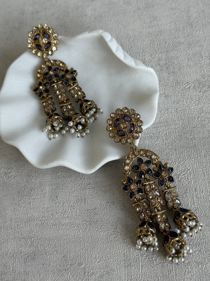 Ayura Designs Soraya Earrings – Ink Blue Stones, Champagne Crystals, Pearl Detailing & Gold Finish