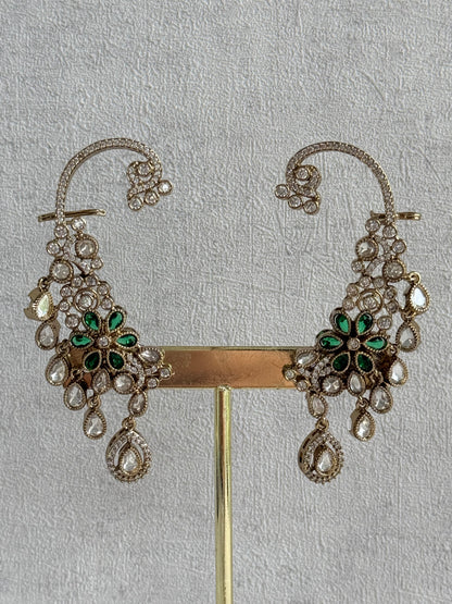 Ayura Designs Aksara Kaanphool Earrings – Emerald Green Stones, Kundan, Crystals & Antique Gold Finish