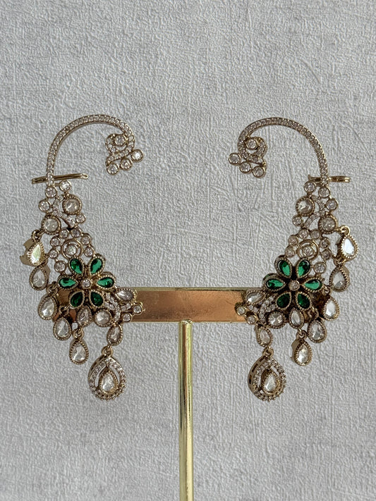 Ayura Designs Aksara Kaanphool Earrings – Emerald Green Stones, Kundan, Crystals & Antique Gold Finish