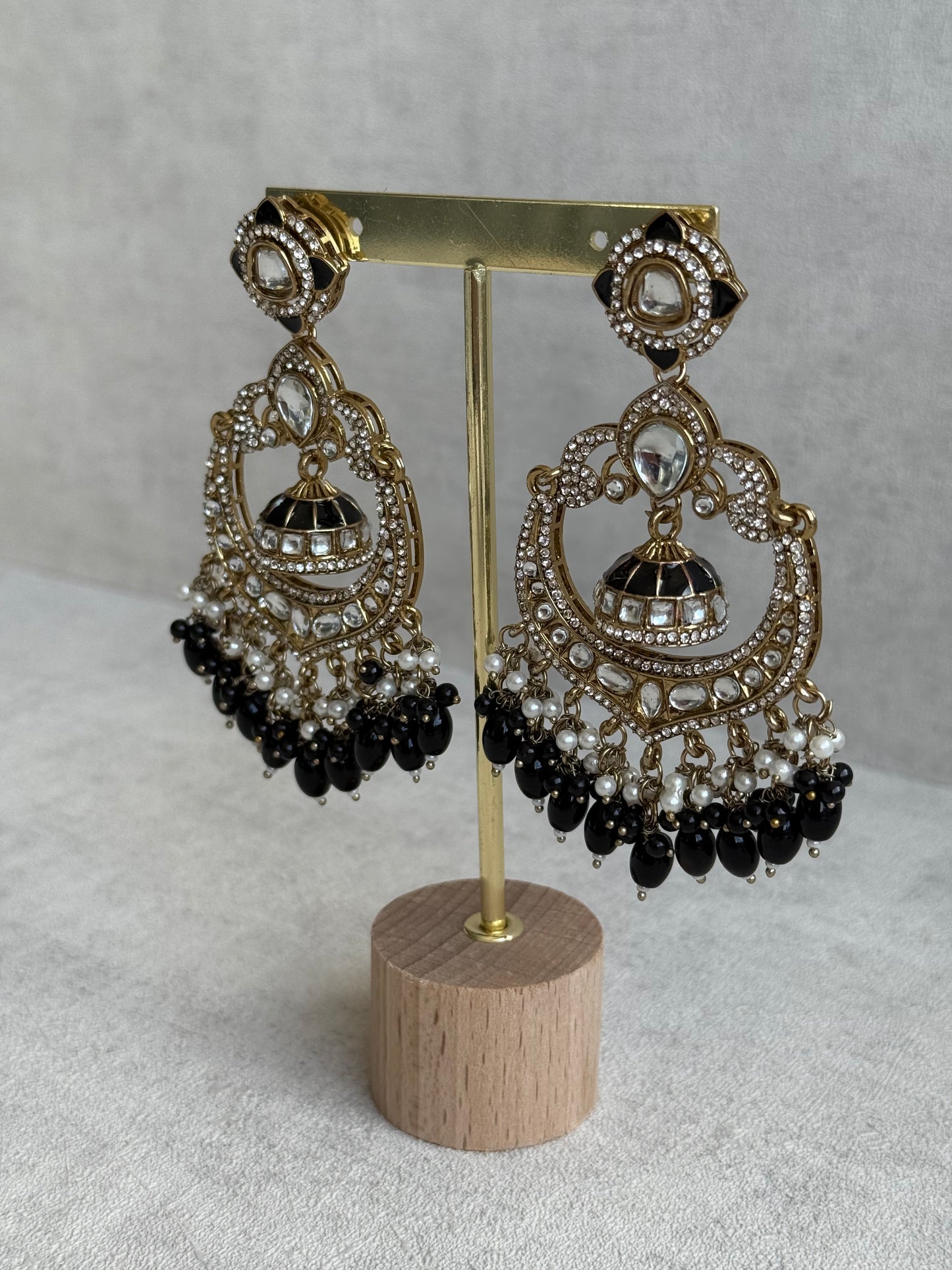 Ayura Designs Reha Earrings – Statement Chandbalis with Black Beads, Pearls & Mirror-Cut Stones
