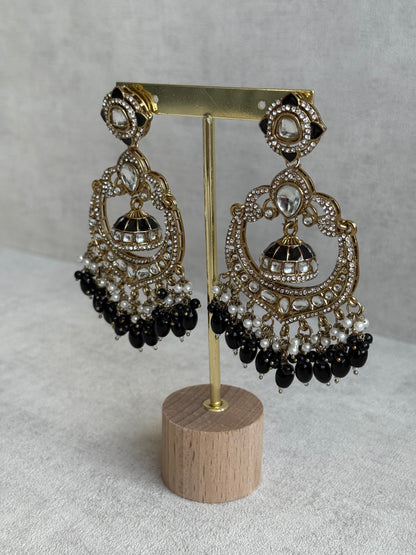 Ayura Designs Reha Earrings – Statement Chandbalis with Black Beads, Pearls & Mirror-Cut Stones