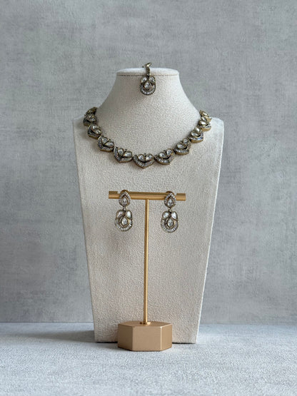Ayura Designs Katalina Necklace Set with Earrings & Tikka – Crystal Detailing & Antique Gold Finish