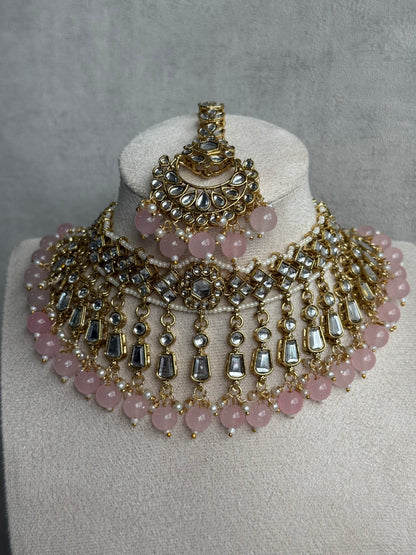 Ayura Designs Shaheen Set with Jhumkis & Tikka – Blush Pink Beads, Mirror Kundan & Gold Finish