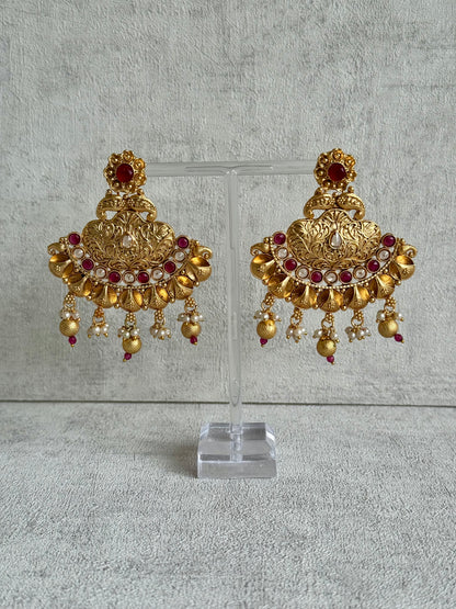 Ayura Designs Neera Earrings in Antique Gold with Red Glass Stones, Mirror-Cut Polki & Pearls