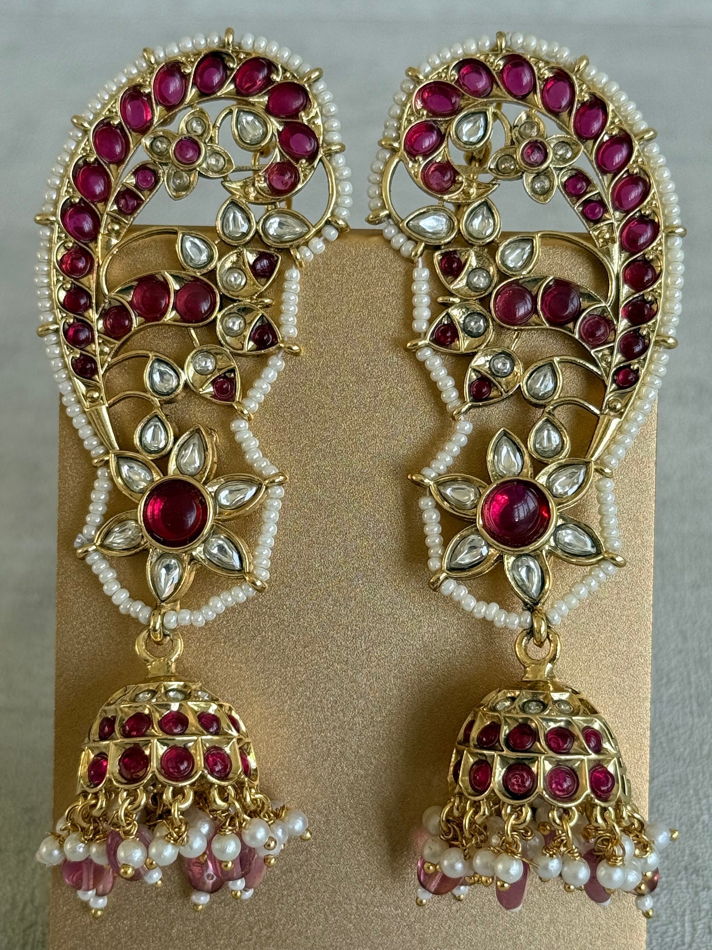 Ayura Designs Urisha Ear Climber Jhumkis – Ruby Pink, Kundan & Pearl Detailing