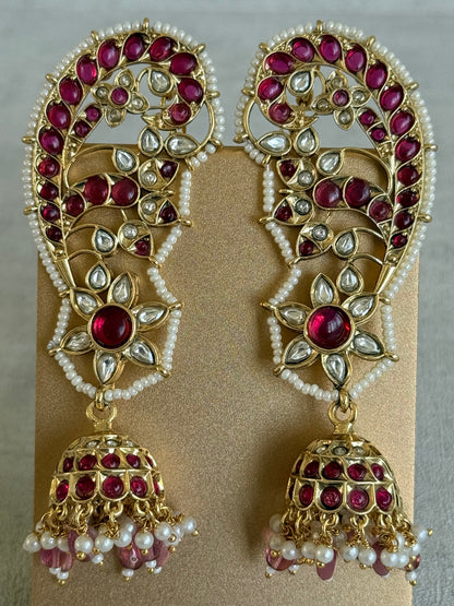 Ayura Designs Urisha Ear Climber Jhumkis – Ruby Pink, Kundan & Pearl Detailing