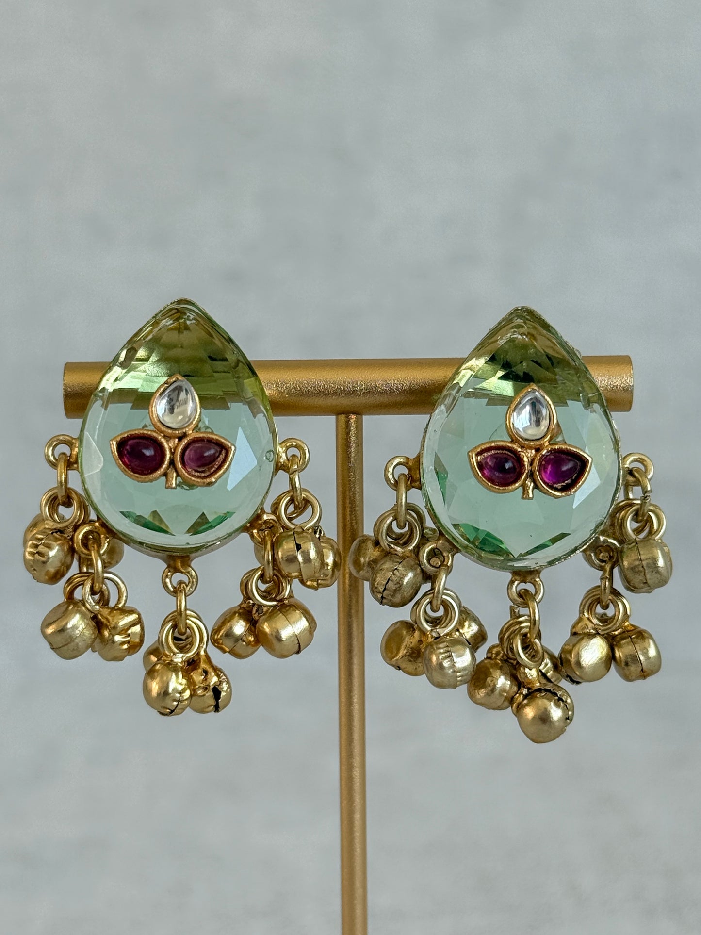 Ayura Designs Aykai Earrings – Pistachio Teardrop Stud Earrings with Clear Kundan Stones and Gold Ghungroo Drops