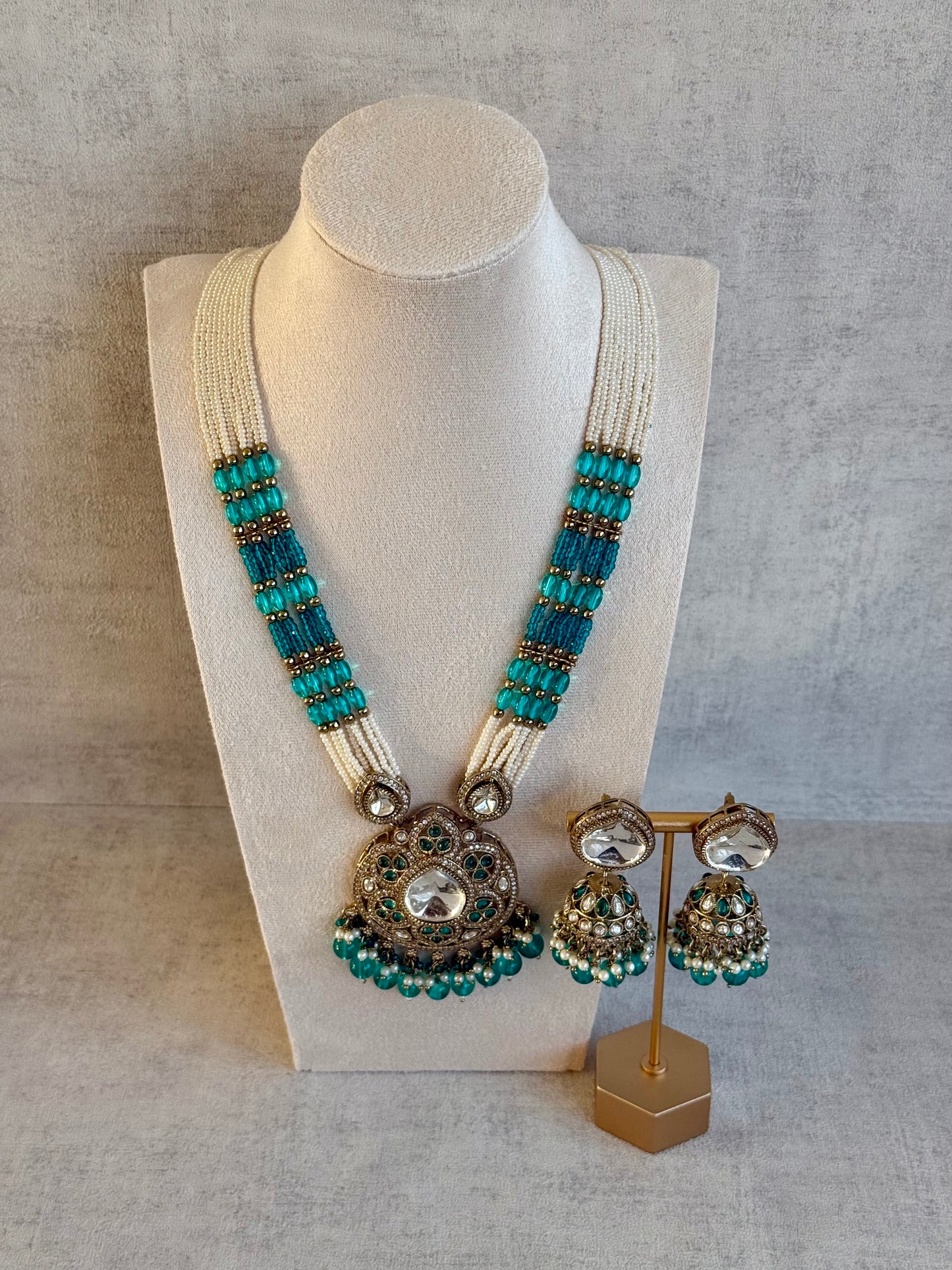 Ayura Designs Brielle Set – Necklace & Jhumkis with Mirror-Cut Stones, Aqua & Deep Teal Beads