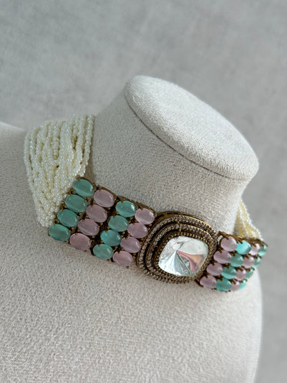 Ayura Designs Emma Choker Set – Mint Green & Blush Pink Gemstone Choker & Studs with Mirror-Cut Centrepiece, Pearl Strands & Crystal Borders