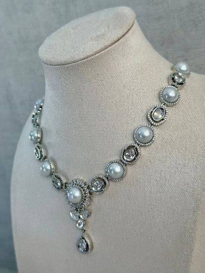 Ayura Designs Tilly Set with Necklace & Earrings – Pearl Centre with Crystal Halo Detailing in Silver Finish