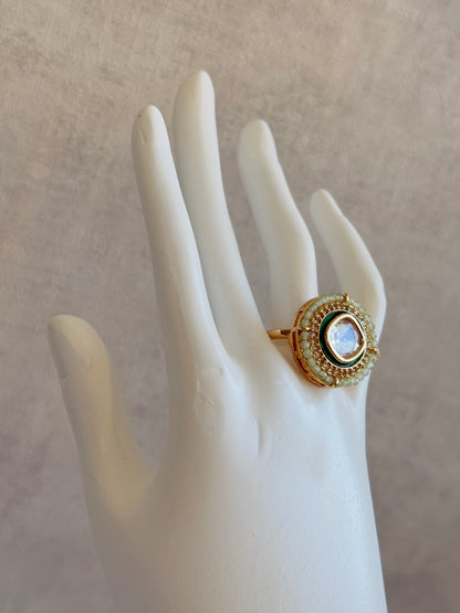 Ayura Designs Roselle Adjustable Ring – Moissanite Centre with Crystal Border & Mint Green Beads