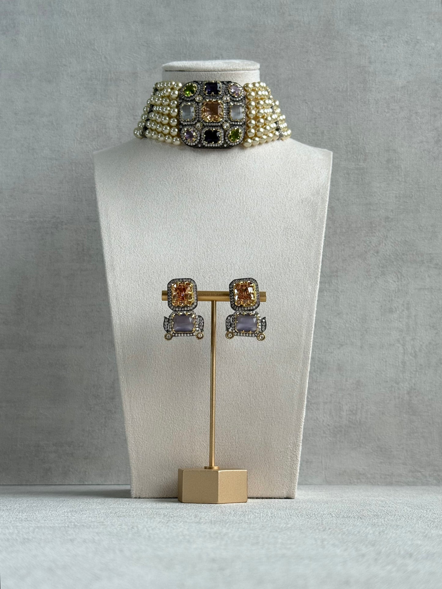 Ayura Designs Amelia Choker Set with Earrings – Moissanite Stonework with Layered Pearls in Antique Silver Finish (Soft Pastel Mix)