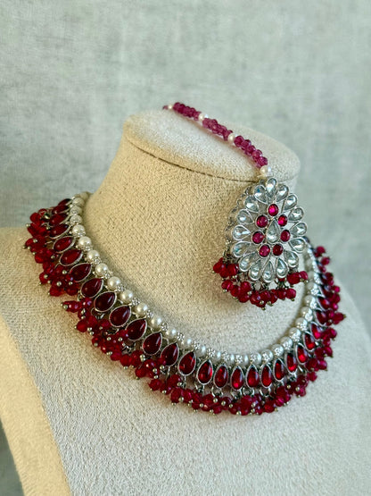 Ayura Designs Saima Set – Necklace, Jhumkis & Tikka in Deep Rose Pink with Silver Finish