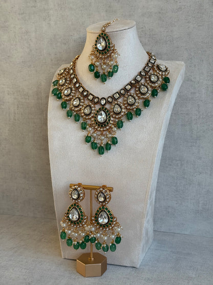 Ayura Designs Ishyat Set with Necklace, Earrings & Tikka – Kundan Detailing, Emerald Green Bead Drops