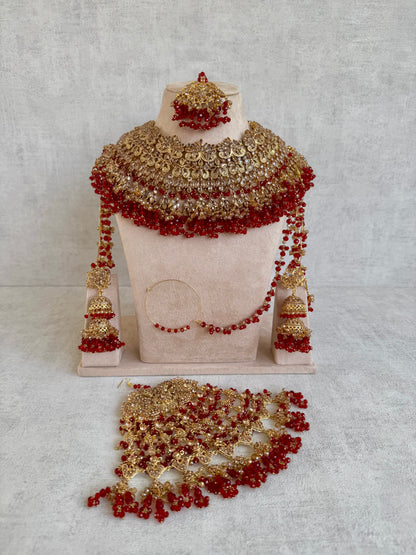 Ayura Designs Ishqiya Bridal Set with Necklace, Jhumkis with Sahare, Tikka & Jhoomer – Antique Gold, Champagne Stones & Red Bead Detailing
