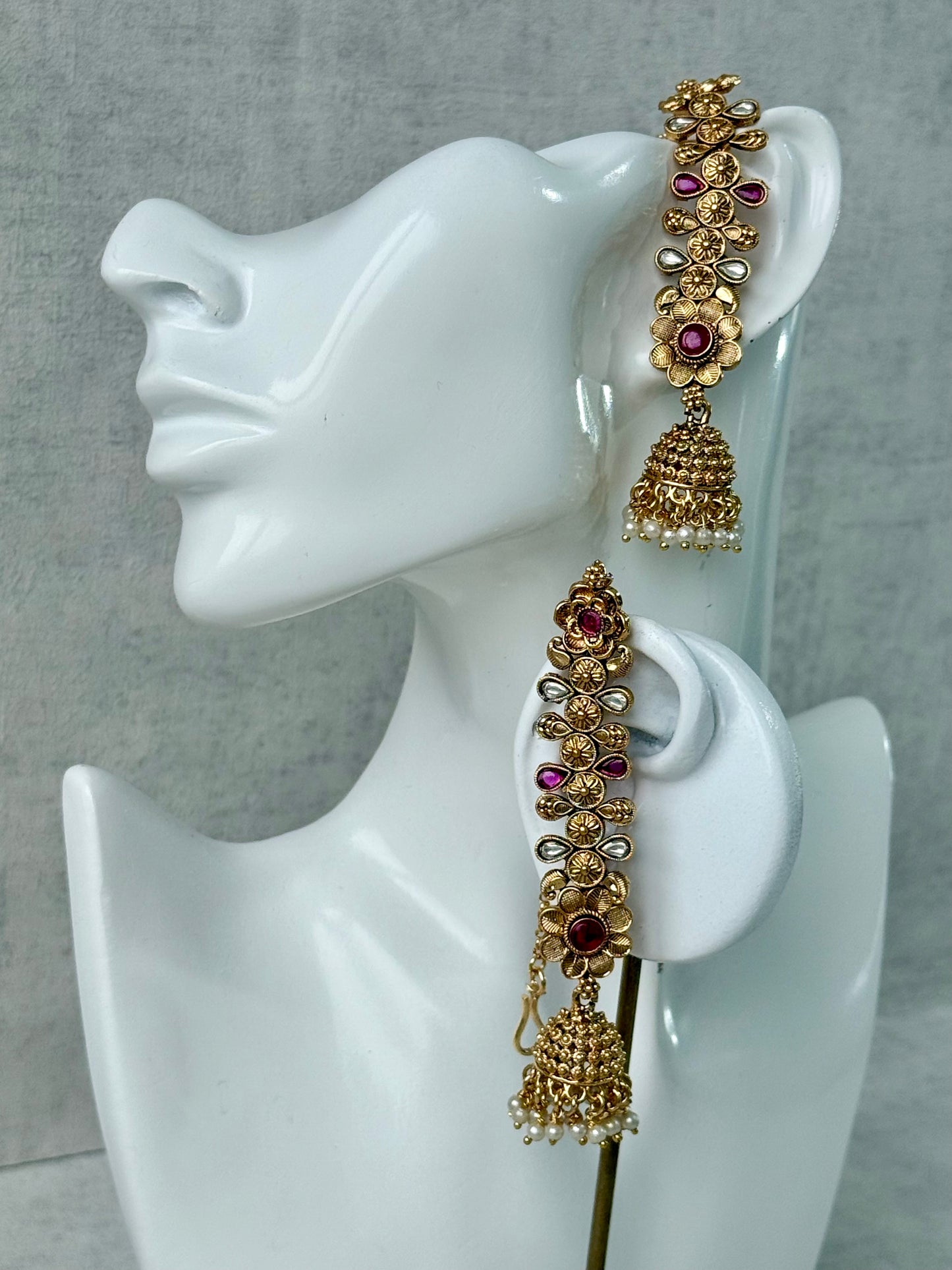 Ayura Designs Keerti Jhumkis – Antique Gold Kannauti Earrings with Ruby Pink Stones, Mirror-Cut Detailing & Pearl Drops