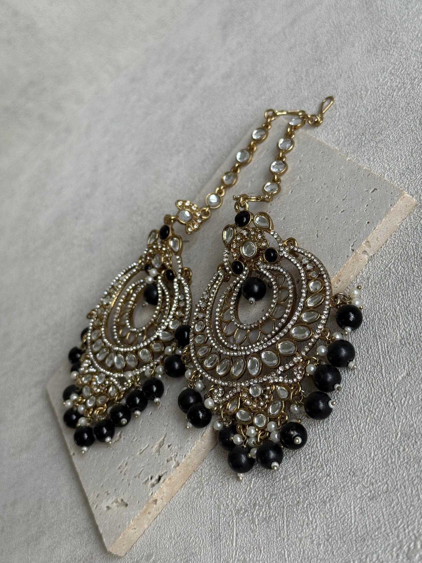Ayura Designs Rabia Chandbalis – Antique Gold Kundan Earrings with Black Beads, Pearls & Attached Sahare