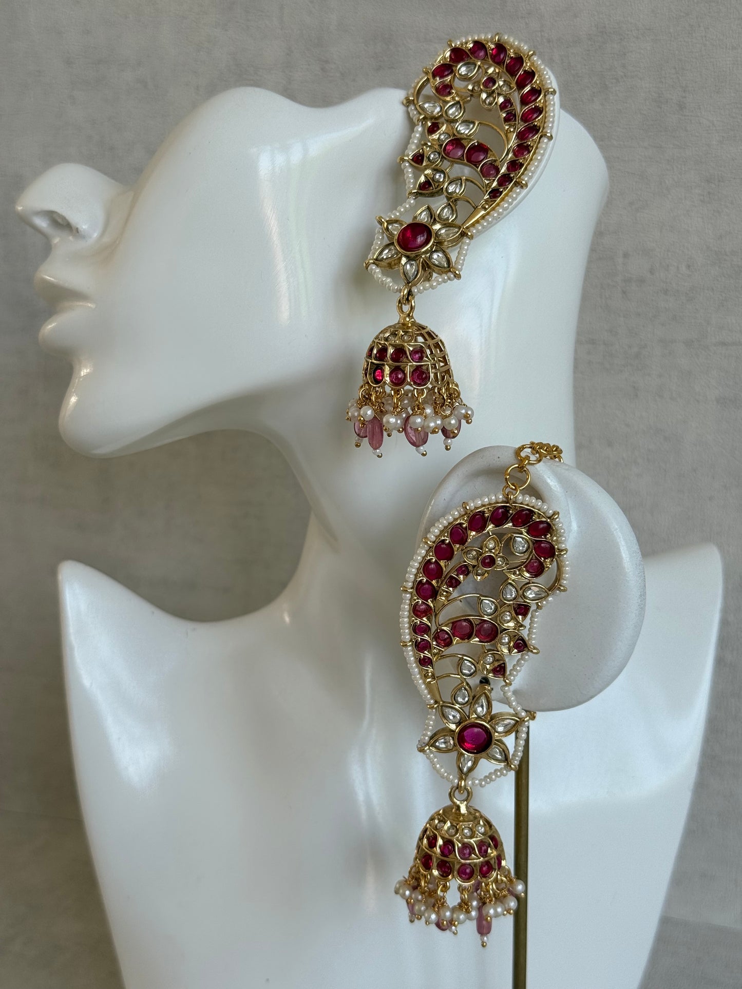 Ayura Designs Urisha Ear Climber Jhumkis – Ruby Pink, Kundan & Pearl Detailing