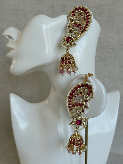 Ayura Designs Urisha Ear Climber Jhumkis – Ruby Pink, Kundan & Pearl Detailing