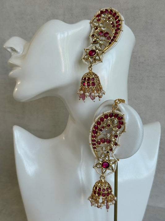 Ayura Designs Urisha Ear Climber Jhumkis – Ruby Pink, Kundan & Pearl Detailing