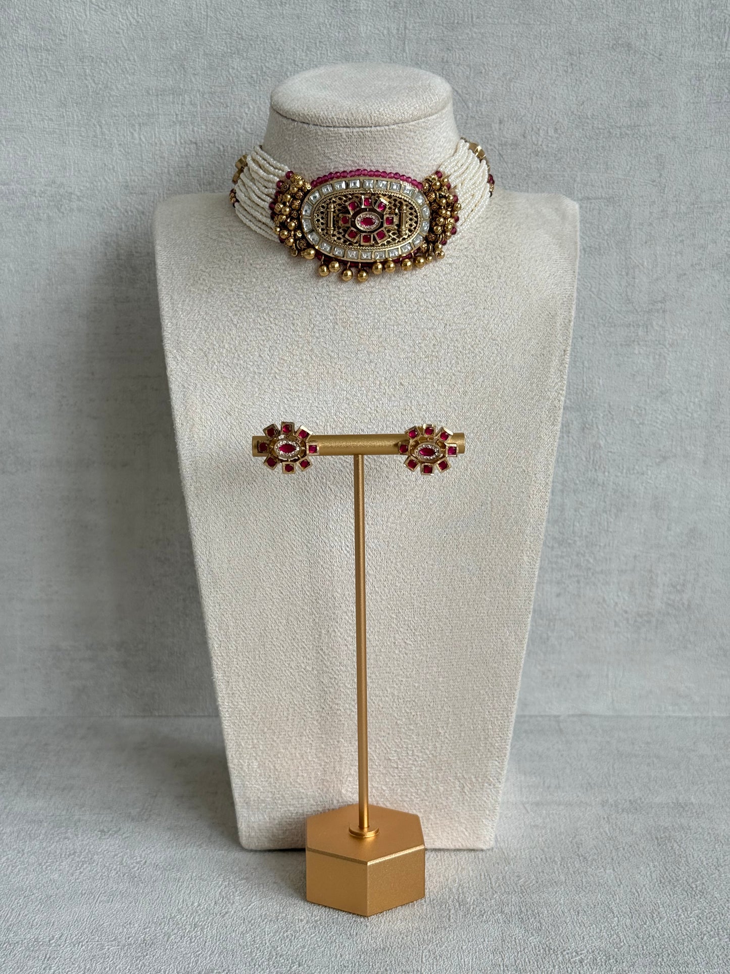 Ayura Designs Amiri Choker Set with Stud Earrings – Ruby Pink Stones, Pearl Strands & Moissanite Detailing