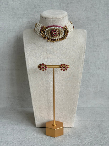 Ayura Designs Amiri Choker Set with Stud Earrings – Ruby Pink Stones, Pearl Strands & Moissanite Detailing
