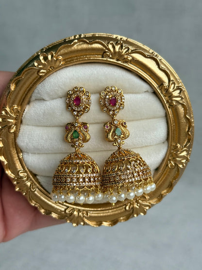 Ayura Designs Darya Jhumkis – Gold Peacock Motif Jhumkis with Ruby Pink, Emerald Green and Pearl Detailing