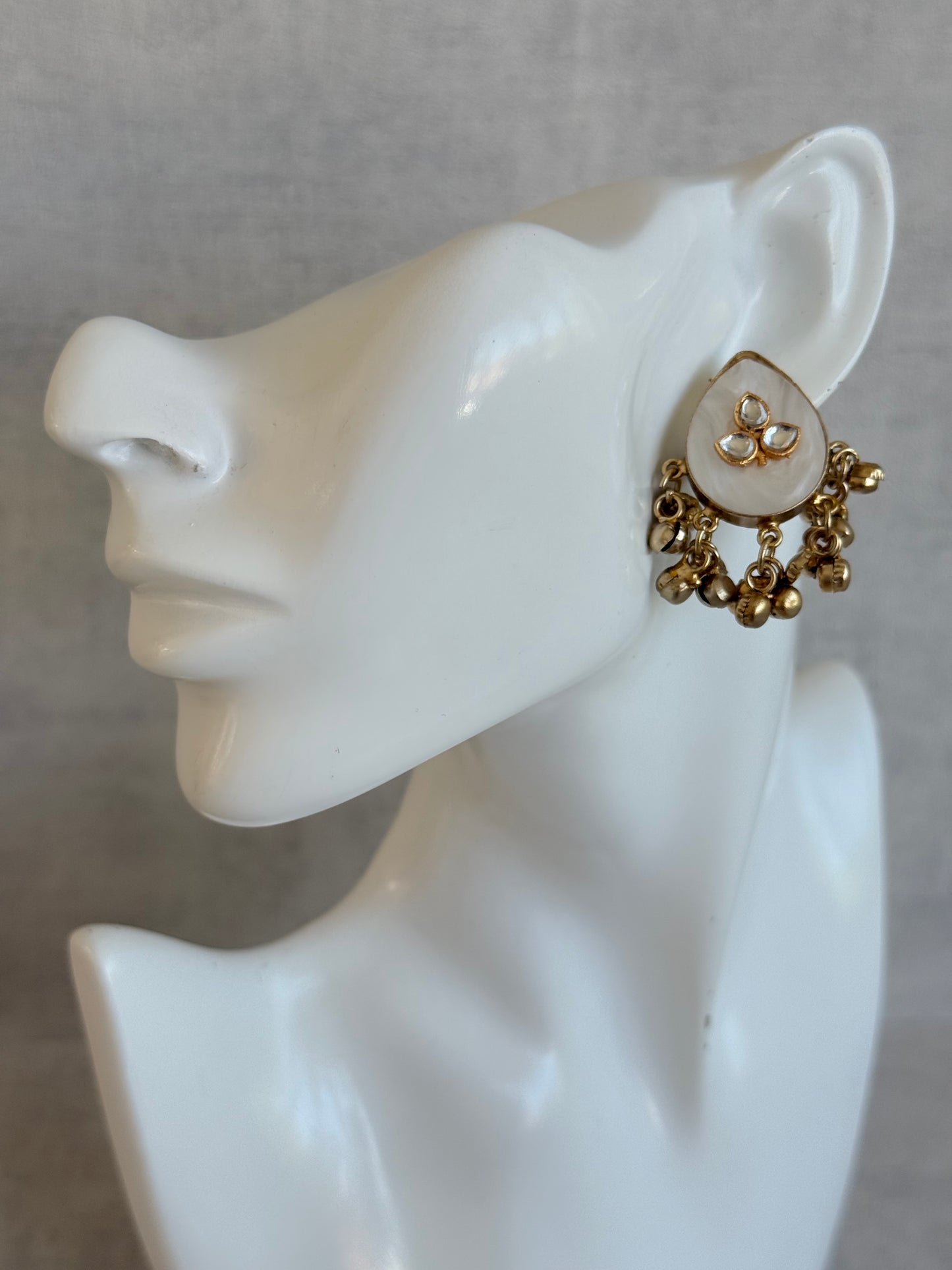 Ayura Designs Aykai Earrings – White Carved Teardrop Stud Earrings with Clear Kundan Stones and Gold Ghungroo Drops