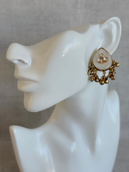 Ayura Designs Aykai Earrings – White Carved Teardrop Stud Earrings with Clear Kundan Stones and Gold Ghungroo Drops