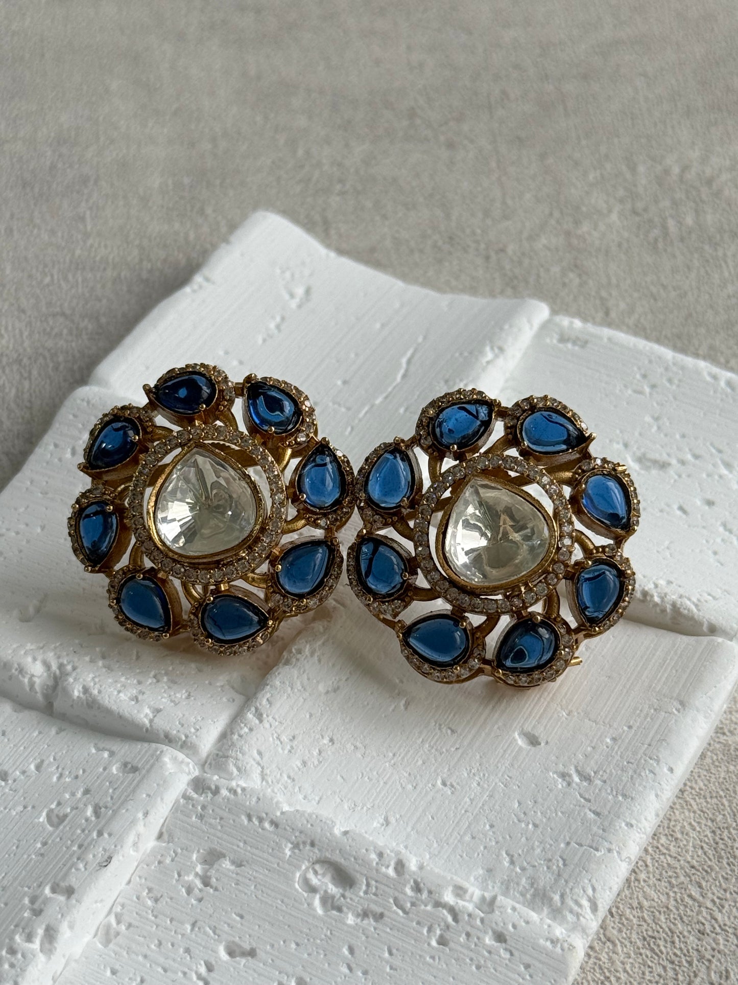 Ayura Designs Giana Stud Earrings – Sapphire Blue & Crystal Kundan with Gold Finish